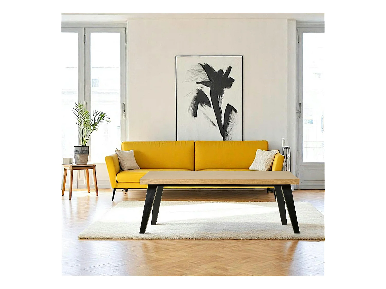 Table basse bois rectangulaire - placage chêne chevrons, pieds noirs GRAZ