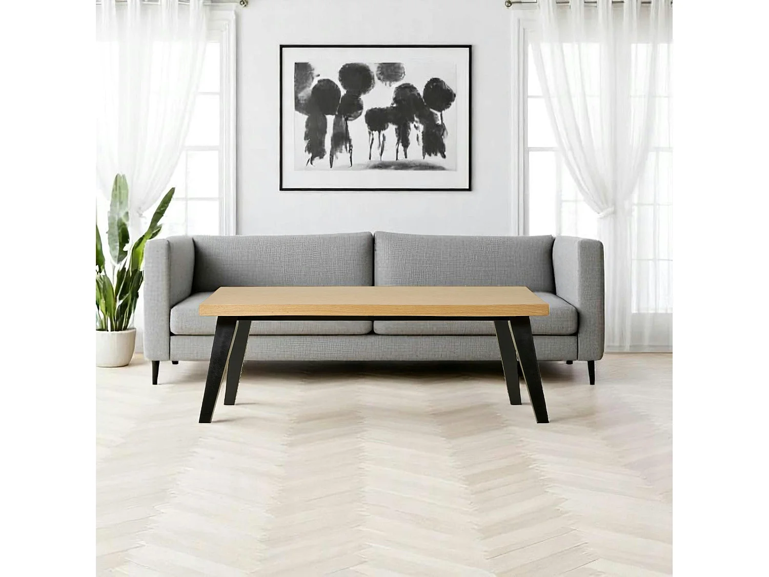 Table basse bois rectangulaire - placage chêne chevrons, pieds noirs GRAZ