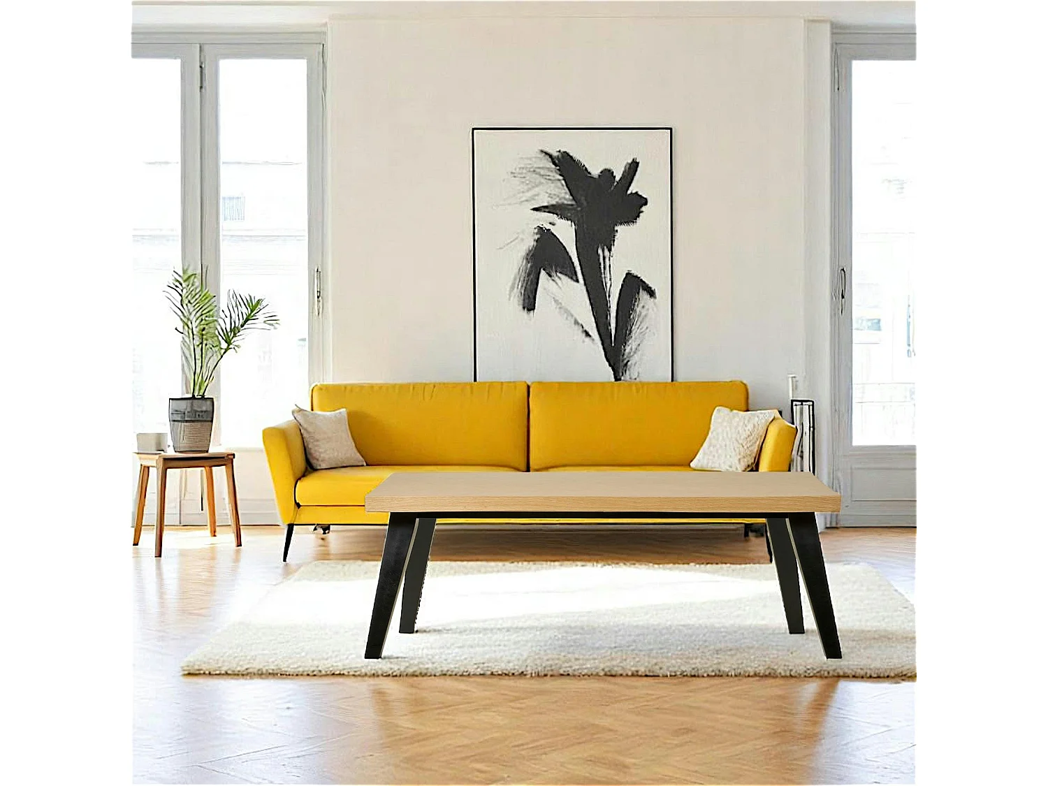 Table basse bois rectangulaire - placage chêne chevrons, pieds noirs GRAZ