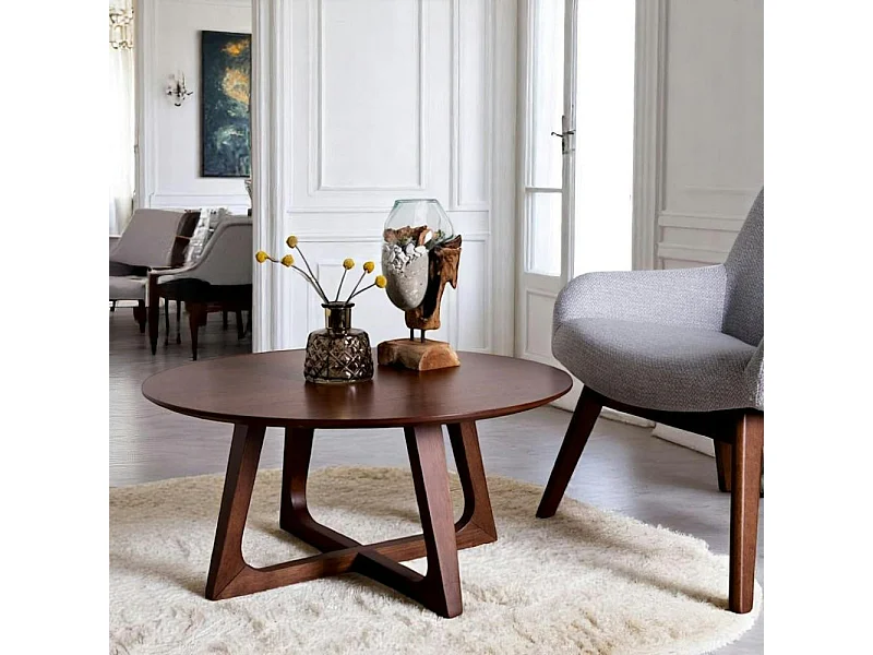 Table basse ronde style vintage - pieds croisés, finition noyer LILLEHAMMER