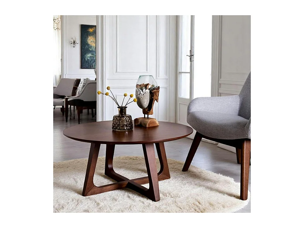 Table basse ronde style vintage - pieds croisés, finition noyer LILLEHAMMER