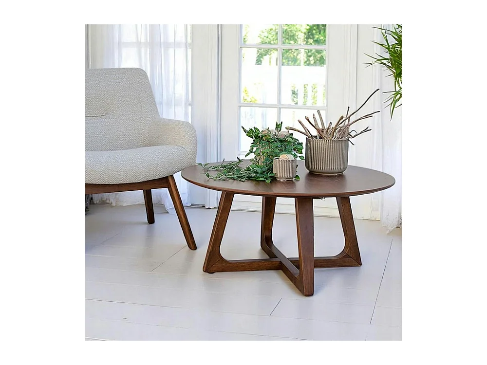 Table basse ronde style vintage - pieds croisés, finition noyer LILLEHAMMER