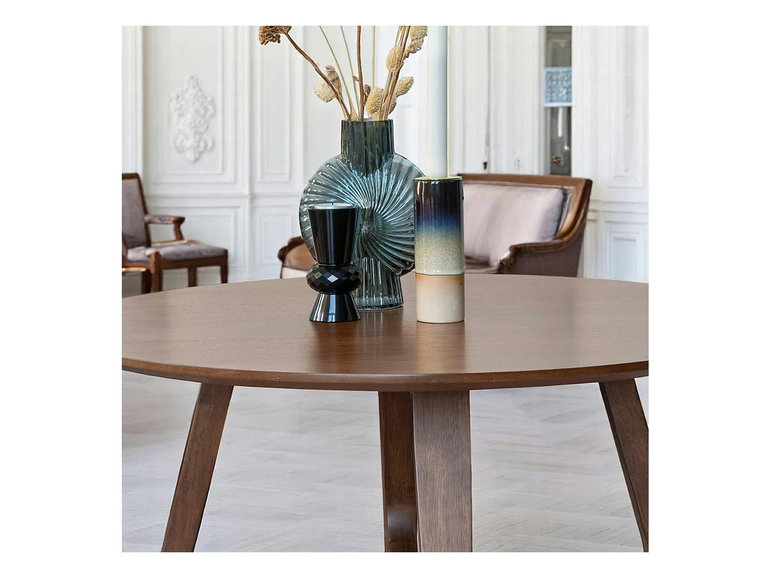 Table basse ronde style vintage - pieds croisés, finition noyer LILLEHAMMER