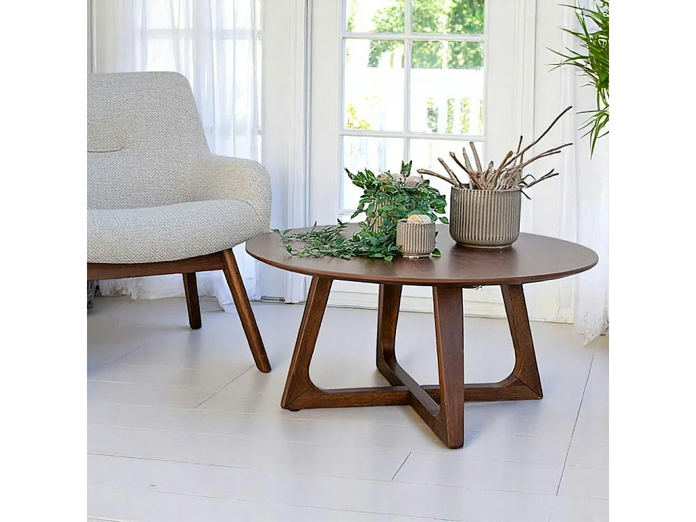 Table basse ronde style vintage - pieds croisés, finition noyer LILLEHAMMER