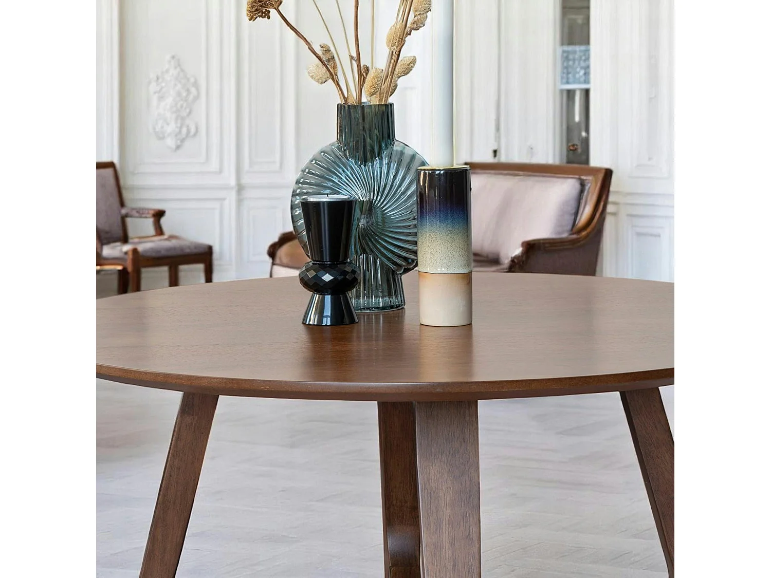 Table basse ronde style vintage - pieds croisés, finition noyer LILLEHAMMER