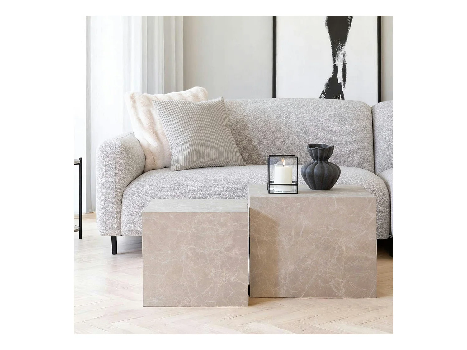 Table basse effet marbre beige - set de 2 cubes design TRINITE