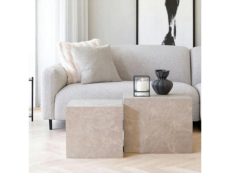 Table basse effet marbre beige - set de 2 cubes design TRINITE