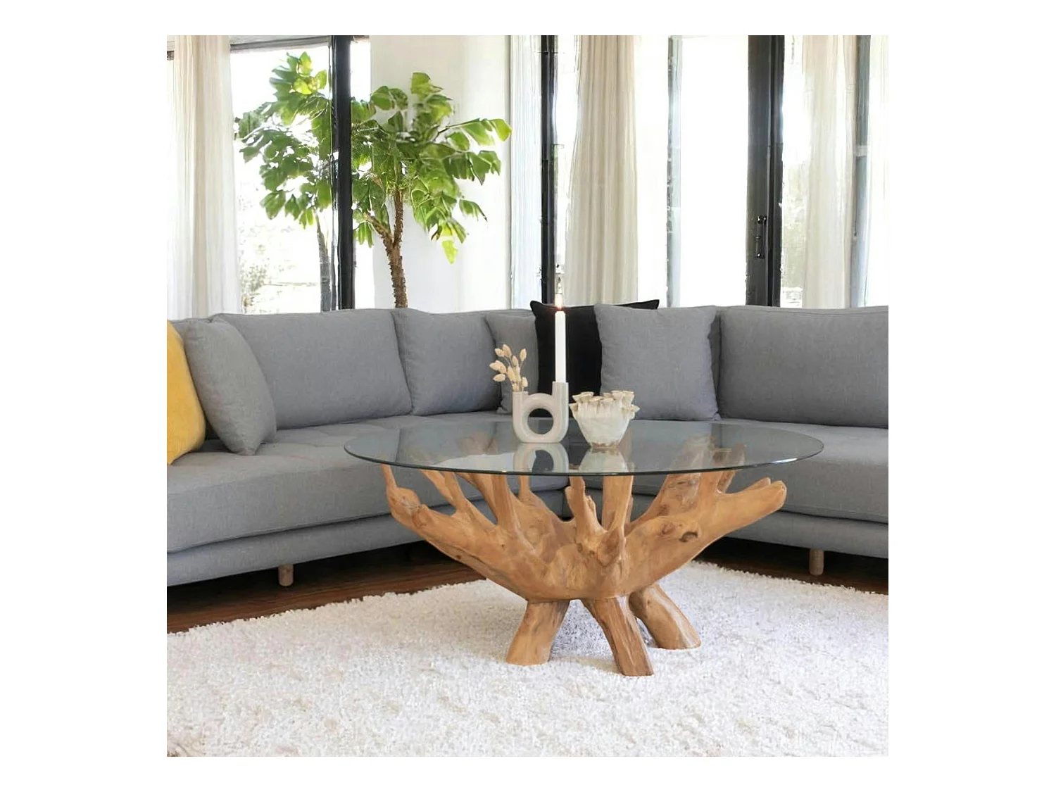 Table basse ronde en racine de teck  Ø110 cm - plateau verre ARIZONA