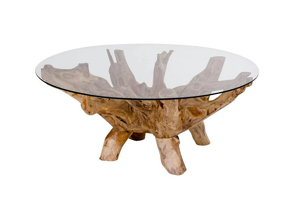 Table basse ronde en racine de teck  Ø110 cm - plateau verre ARIZONA