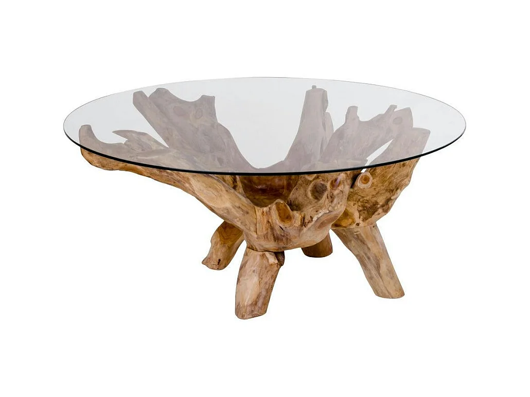 Table basse ronde en racine de teck  Ø110 cm - plateau verre ARIZONA