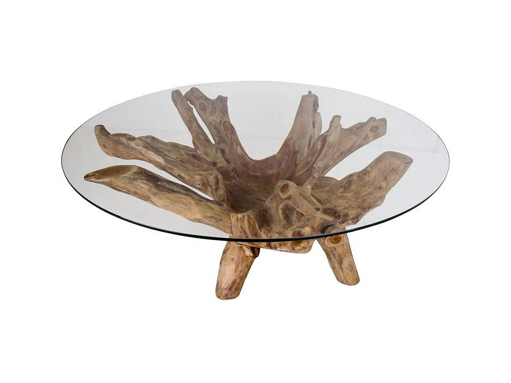 Table basse ronde en racine de teck  Ø110 cm - plateau verre ARIZONA