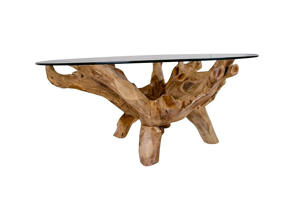 Table basse ronde en racine de teck  Ø110 cm - plateau verre ARIZONA