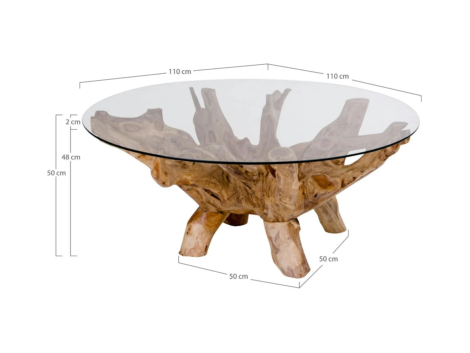 Table basse ronde en racine de teck  Ø110 cm - plateau verre ARIZONA