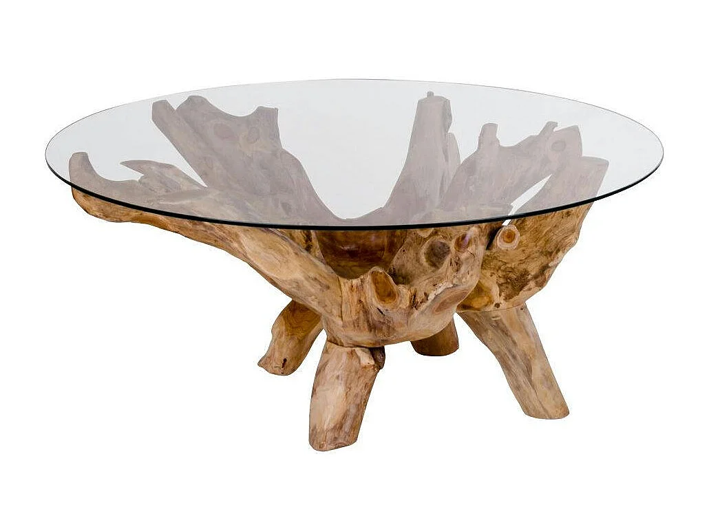 Table basse ronde en racine de teck  Ø110 cm - plateau verre ARIZONA