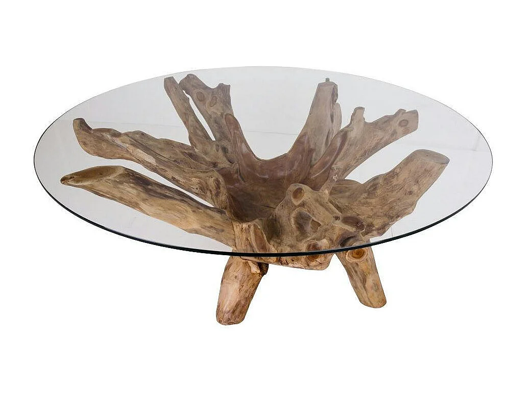 Table basse ronde en racine de teck  Ø110 cm - plateau verre ARIZONA