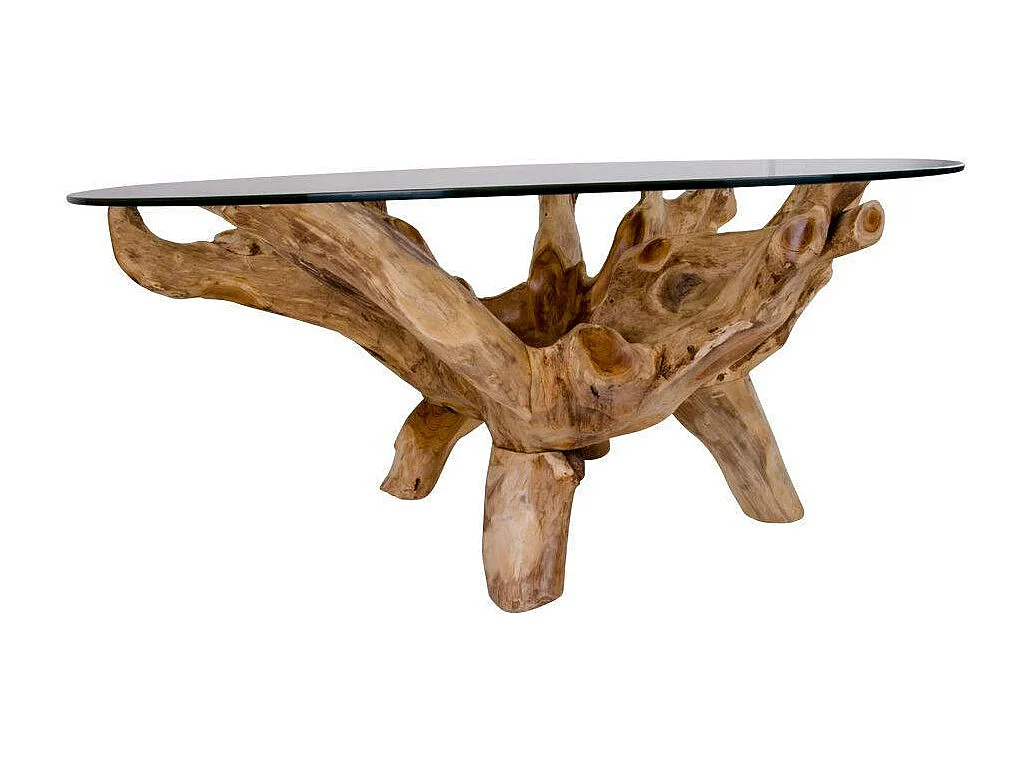 Table basse ronde en racine de teck  Ø110 cm - plateau verre ARIZONA