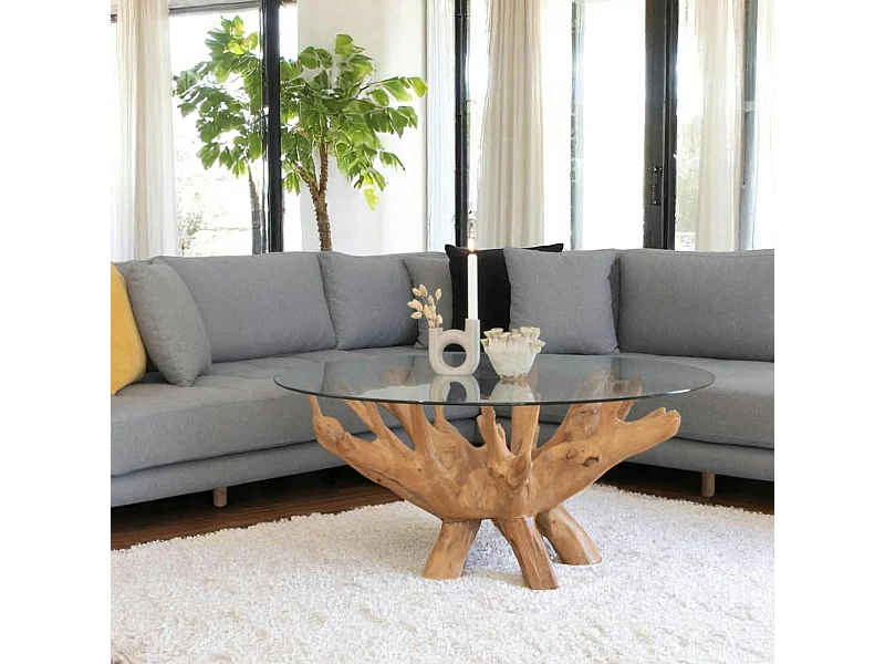Table basse ronde en racine de teck  Ø110 cm - plateau verre ARIZONA
