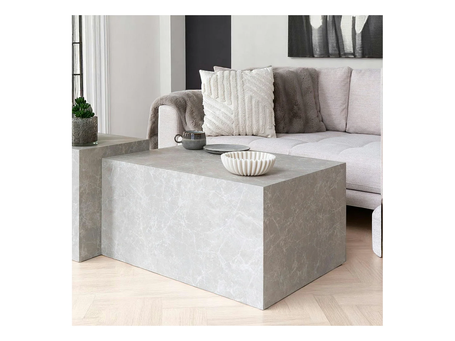 Table basse rectangulaire - effet marbre beige, style contemporain TRINITE