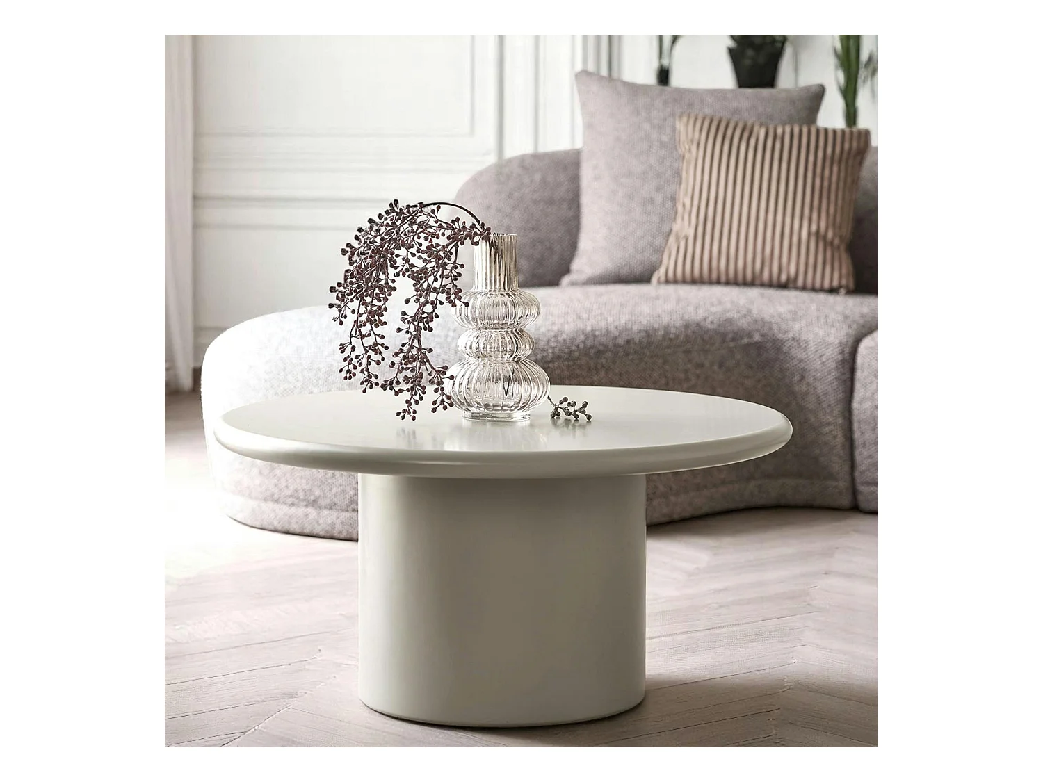 Table basse ronde sable - design minimaliste, pied cylindrique ALBERTA