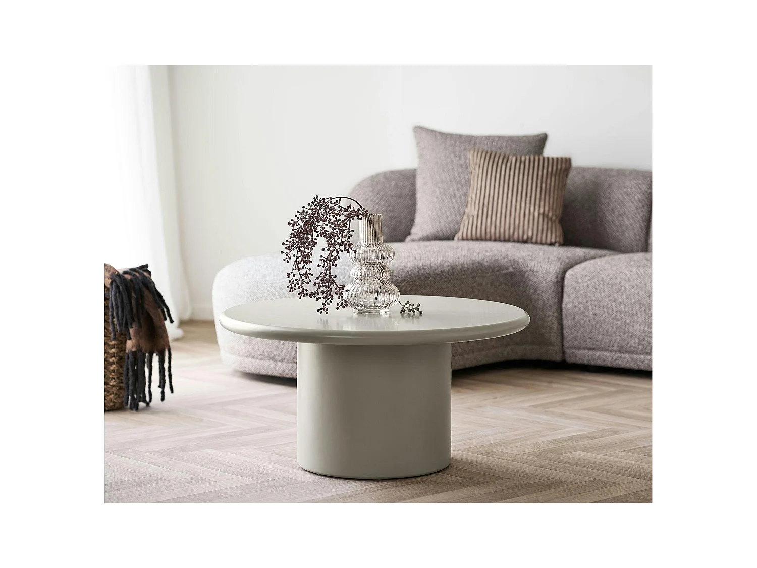 Table basse ronde sable - design minimaliste, pied cylindrique ALBERTA