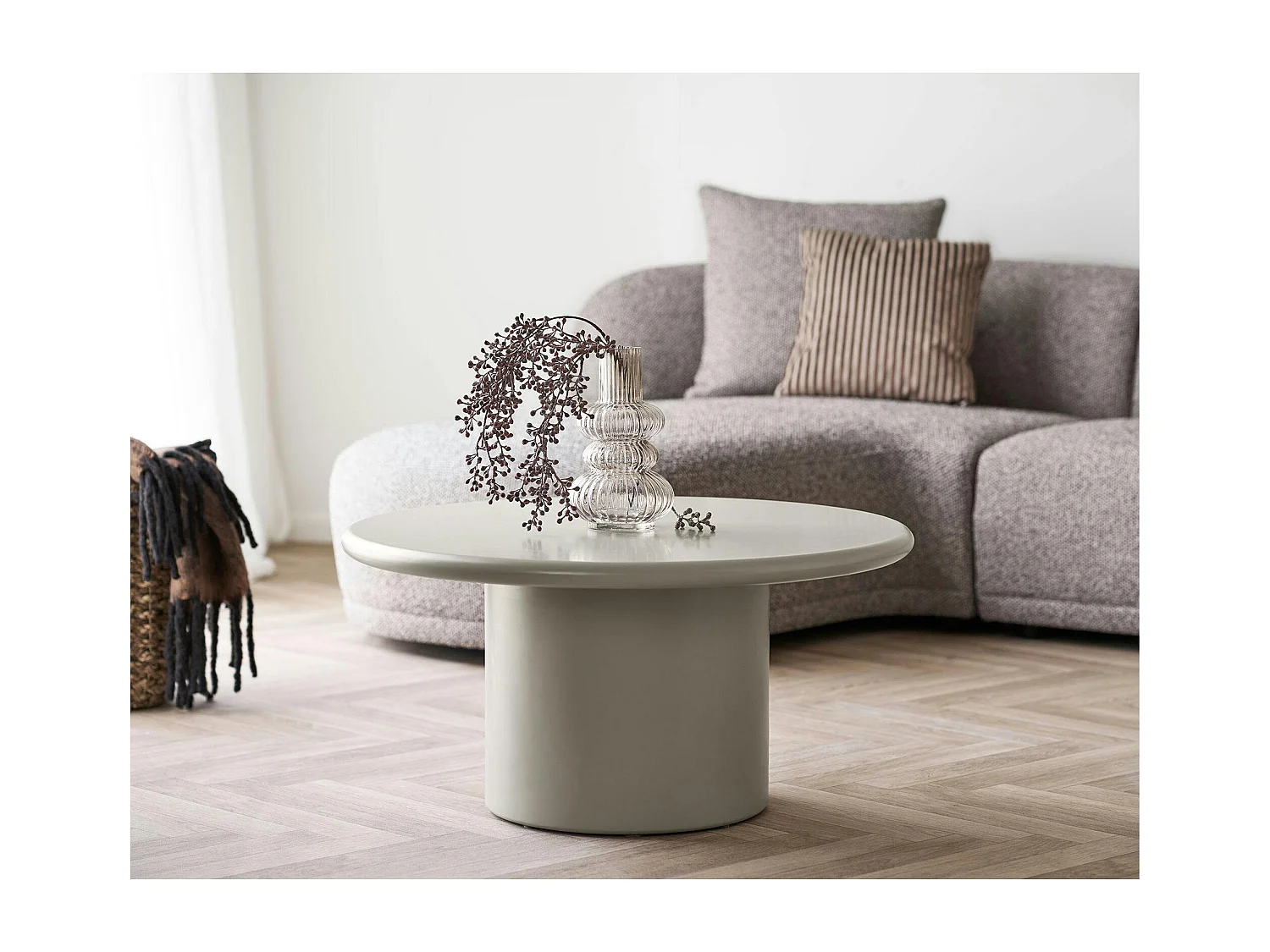 Table basse ronde sable - design minimaliste, pied cylindrique ALBERTA