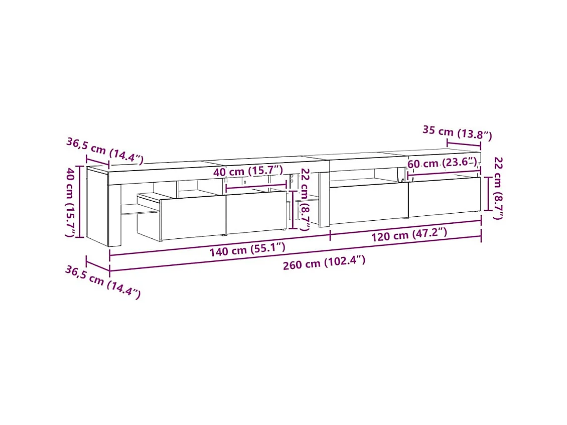Mobile TV 3 pcs Rovere nero 260 x 36.5 x 40 cm