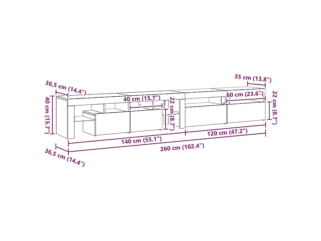 TV-Schränk mit LED 3 pcs Schwarz Eichen-Optik 260 x 37 x 40 cm