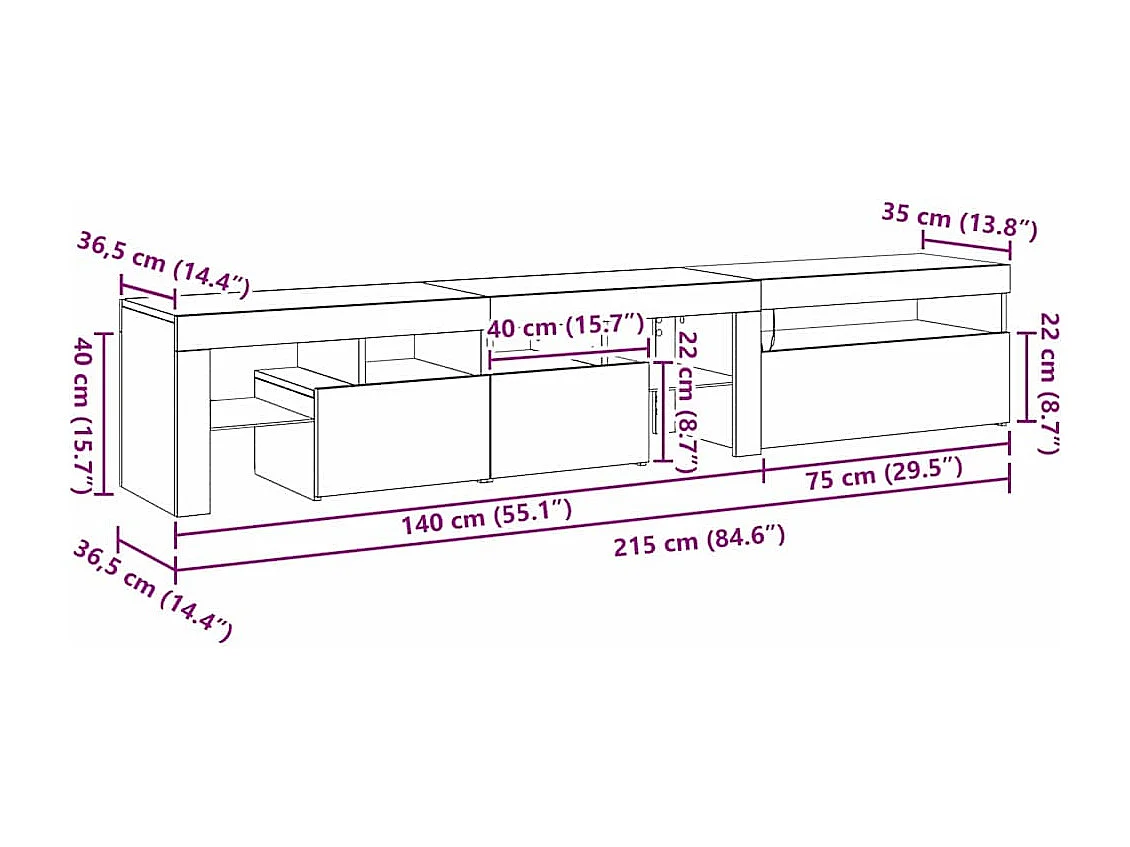 Meuble TV 2 pcs Chêne noir 215 x 37 x 40 cm Bois d'ingénierie