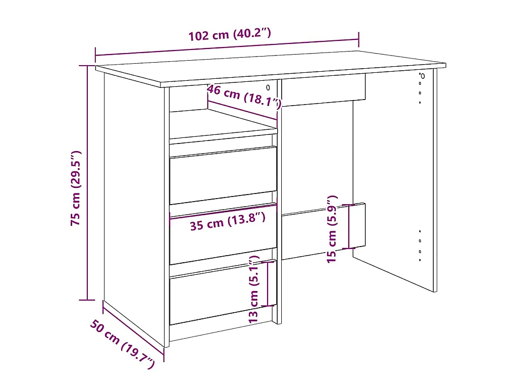 Bureau 102x50x75 cm bewerkt hout gerookt eikenkleurig