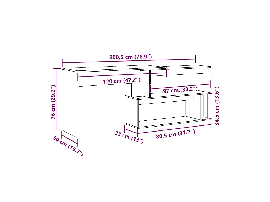 Hoekbureau 200,5x50x76 cm bewerkt hout artisanaal eikenkleur
