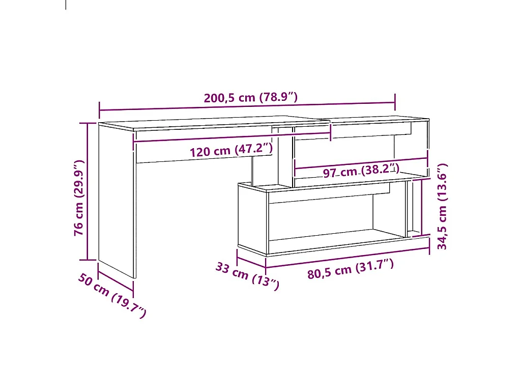Bureau d'angle chêne artisanal 200,5x50x76 cm bois d'ingénierie