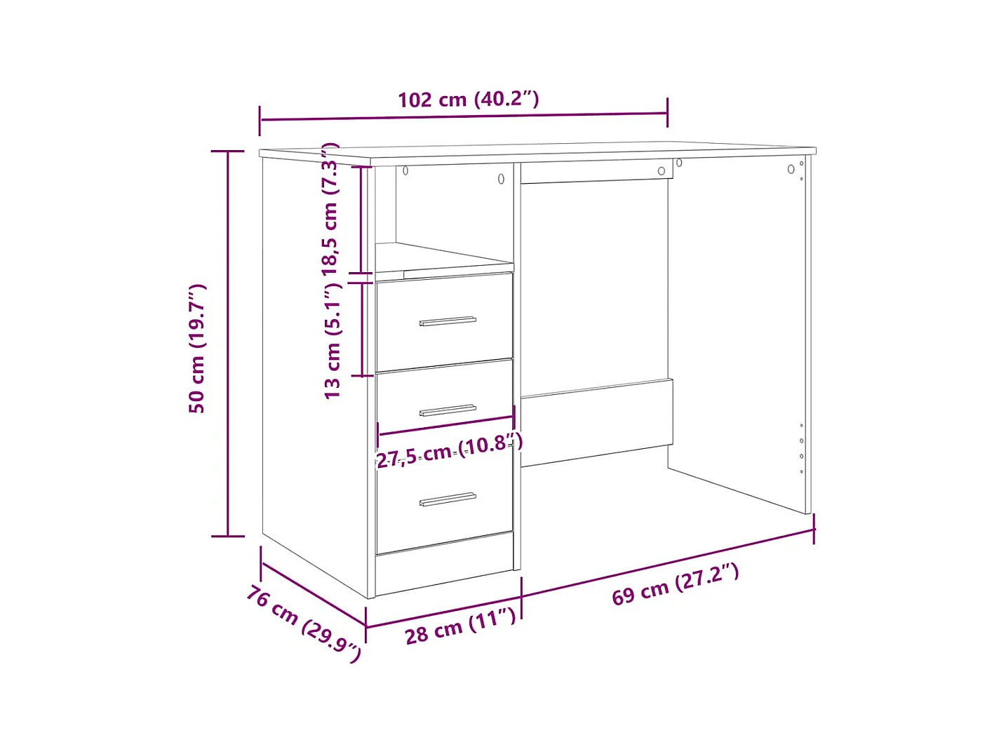 Secretária 102x76x50 cm derivados madeira carvalho artisiano