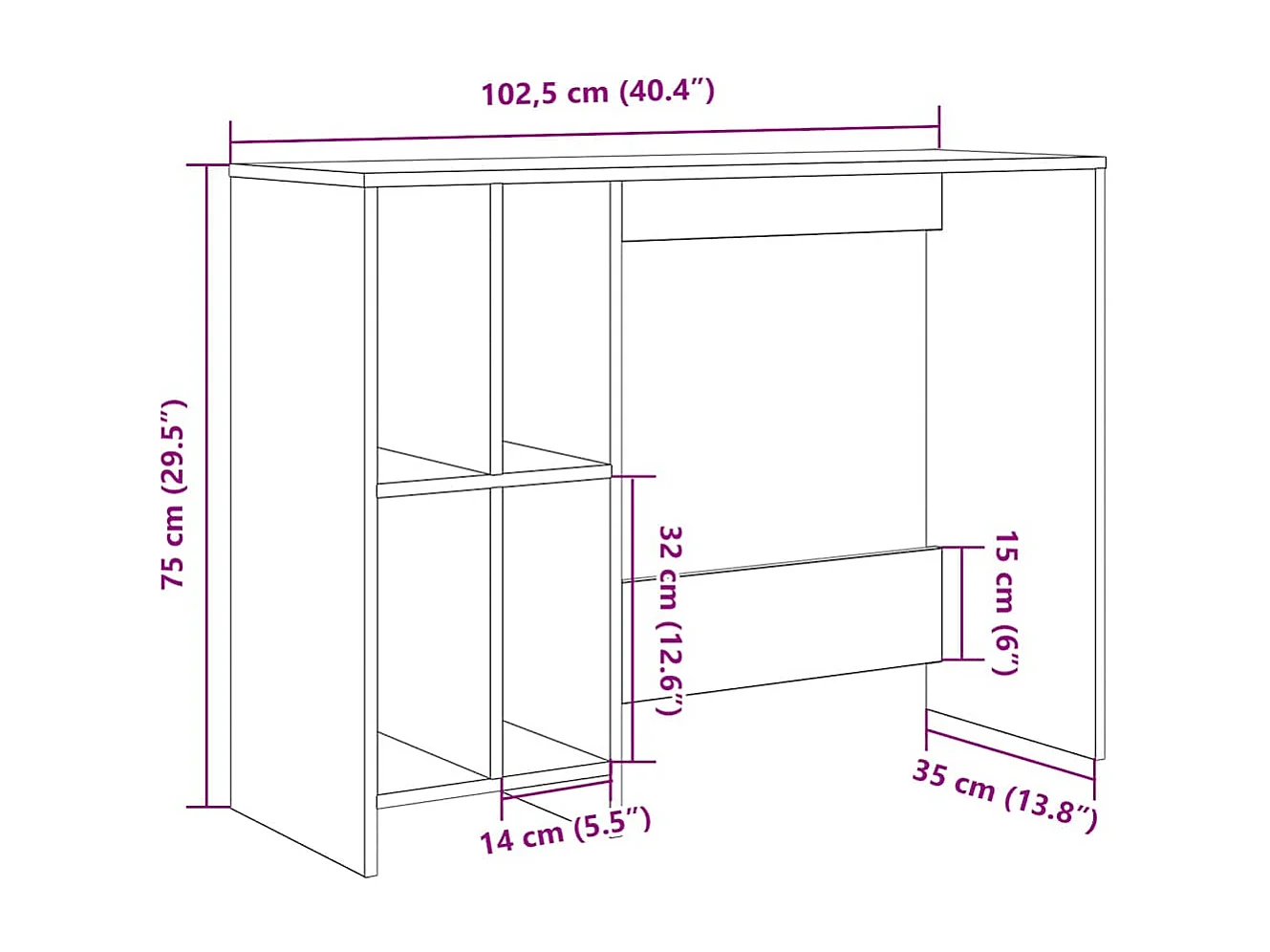 Bureau vieux bois 102,5x35x75 cm bois d'ingénierie