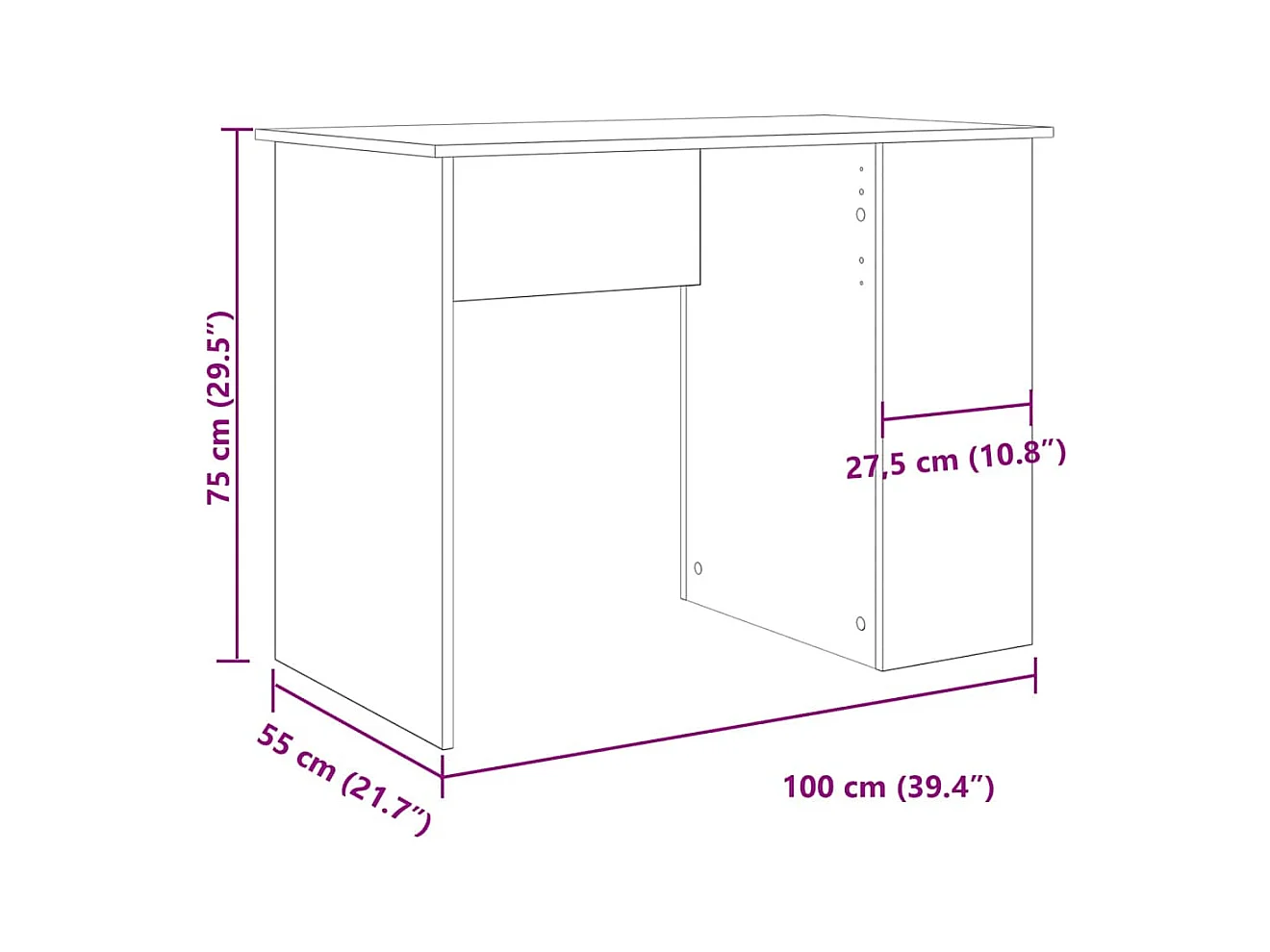 Bureau chêne artisanal 100x55x75 cm bois d'ingénierie