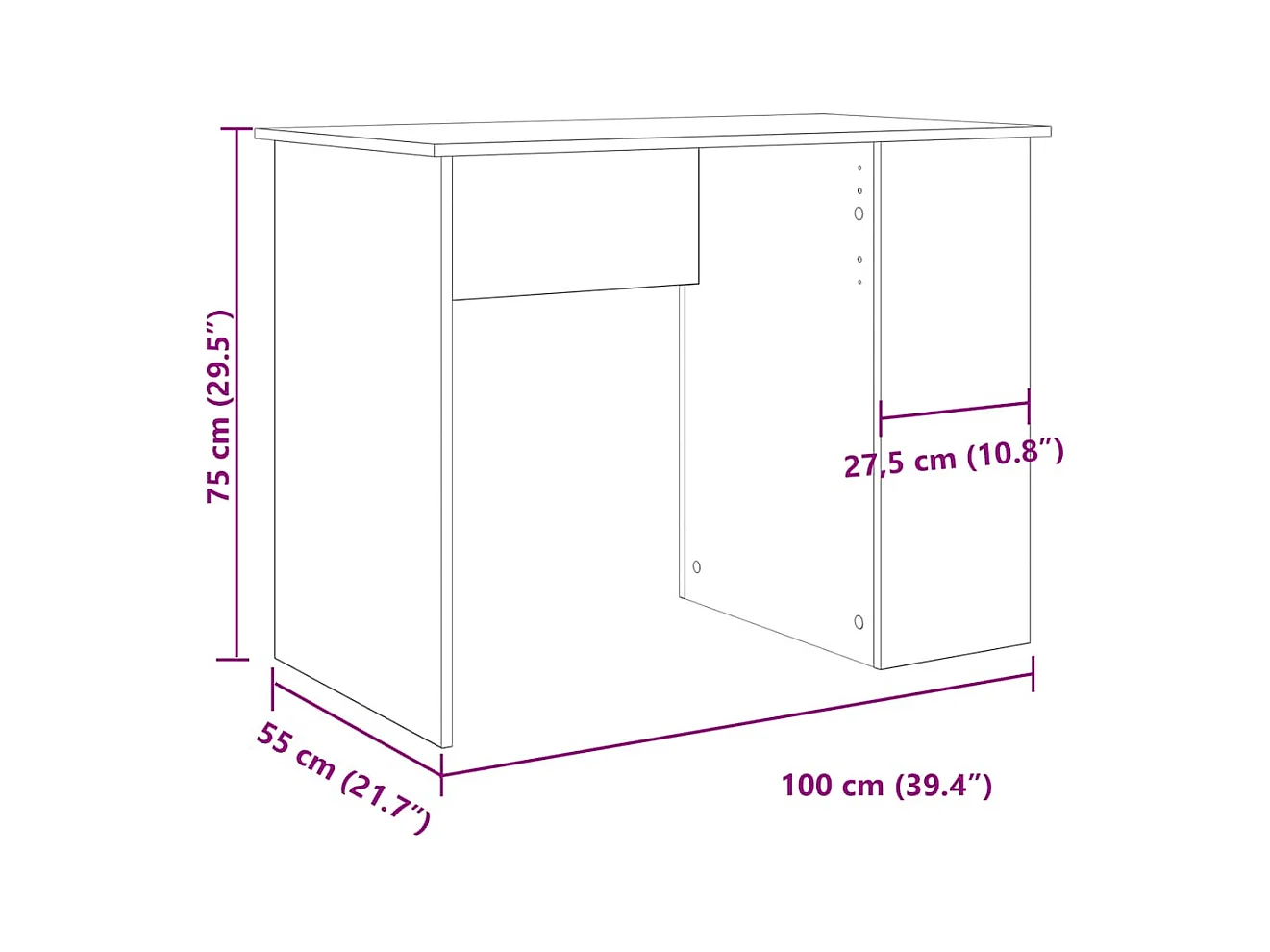 Bureau chêne artisanal 100x55x75 cm bois d'ingénierie