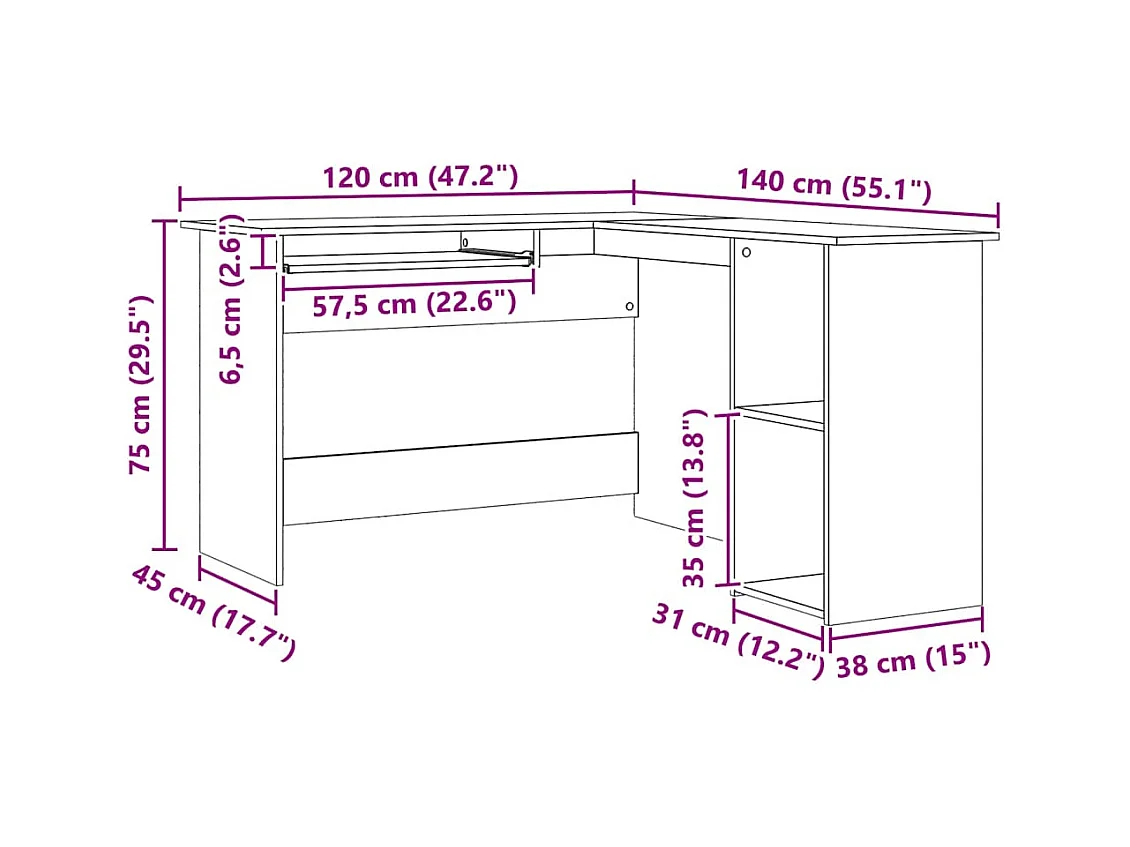 Bureau d'angle chêne artisanal 120x140x75 cm bois d'ingénierie