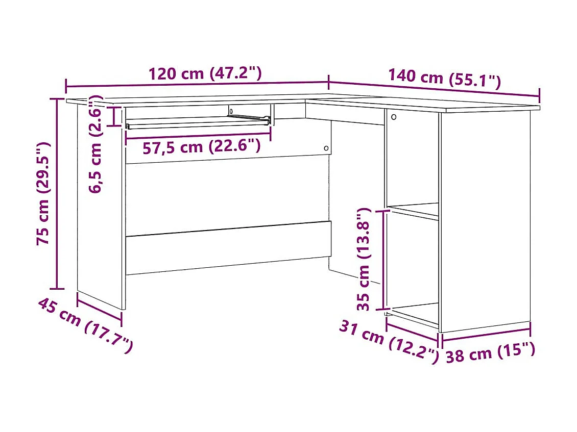 Bureau d'angle chêne artisanal 120x140x75 cm bois d'ingénierie