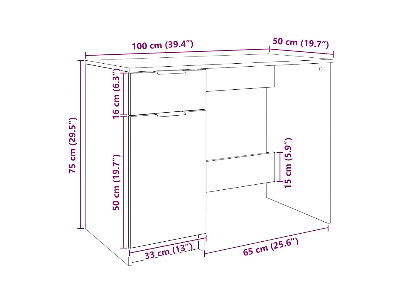 Bureau chêne artisanal 100x50x75 cm bois d'ingénierie