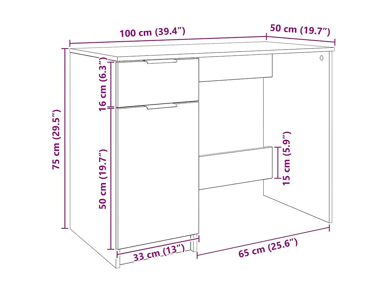 Bureau chêne artisanal 100x50x75 cm bois d'ingénierie