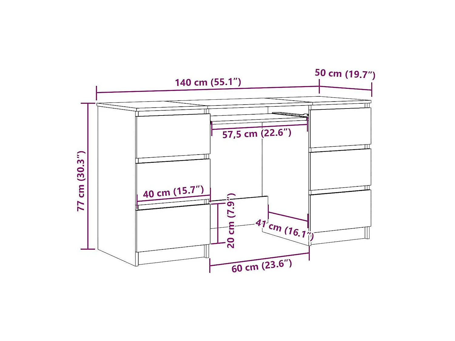 Bureau chêne artisanal 140x50x77 cm bois d'ingénierie