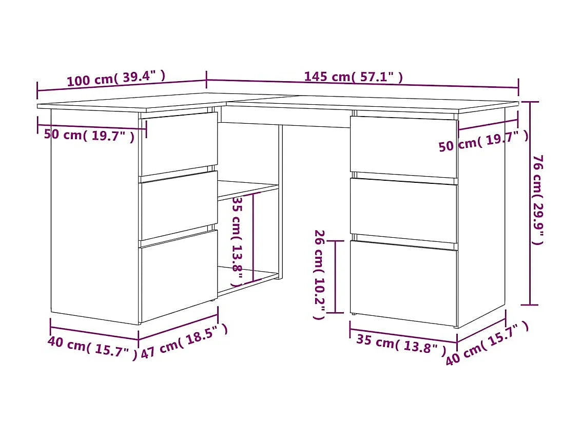 Bureau d'angle chêne artisanal 145x100x76 cm bois d'ingénierie