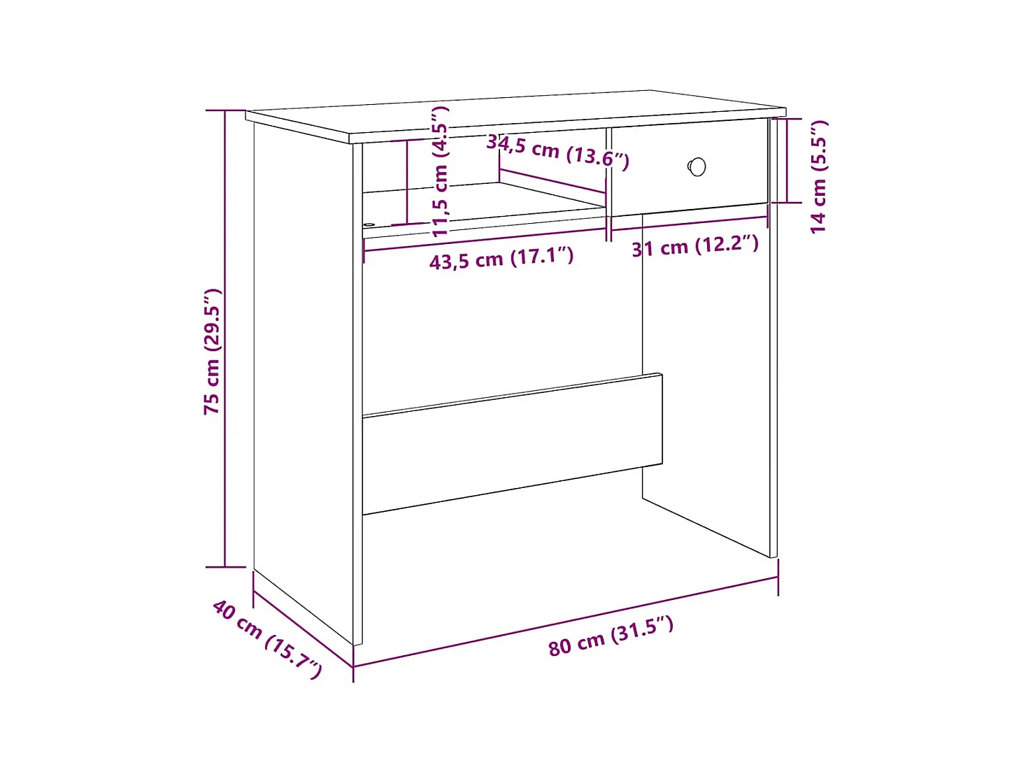 Bureau 80x40x75 cm bewerkt hout wit