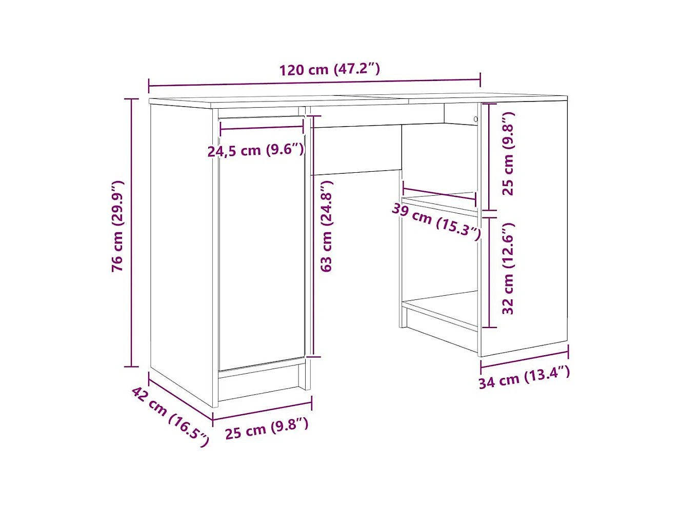 Bureau 120x42x76 cm spaanplaat grijs sonoma
