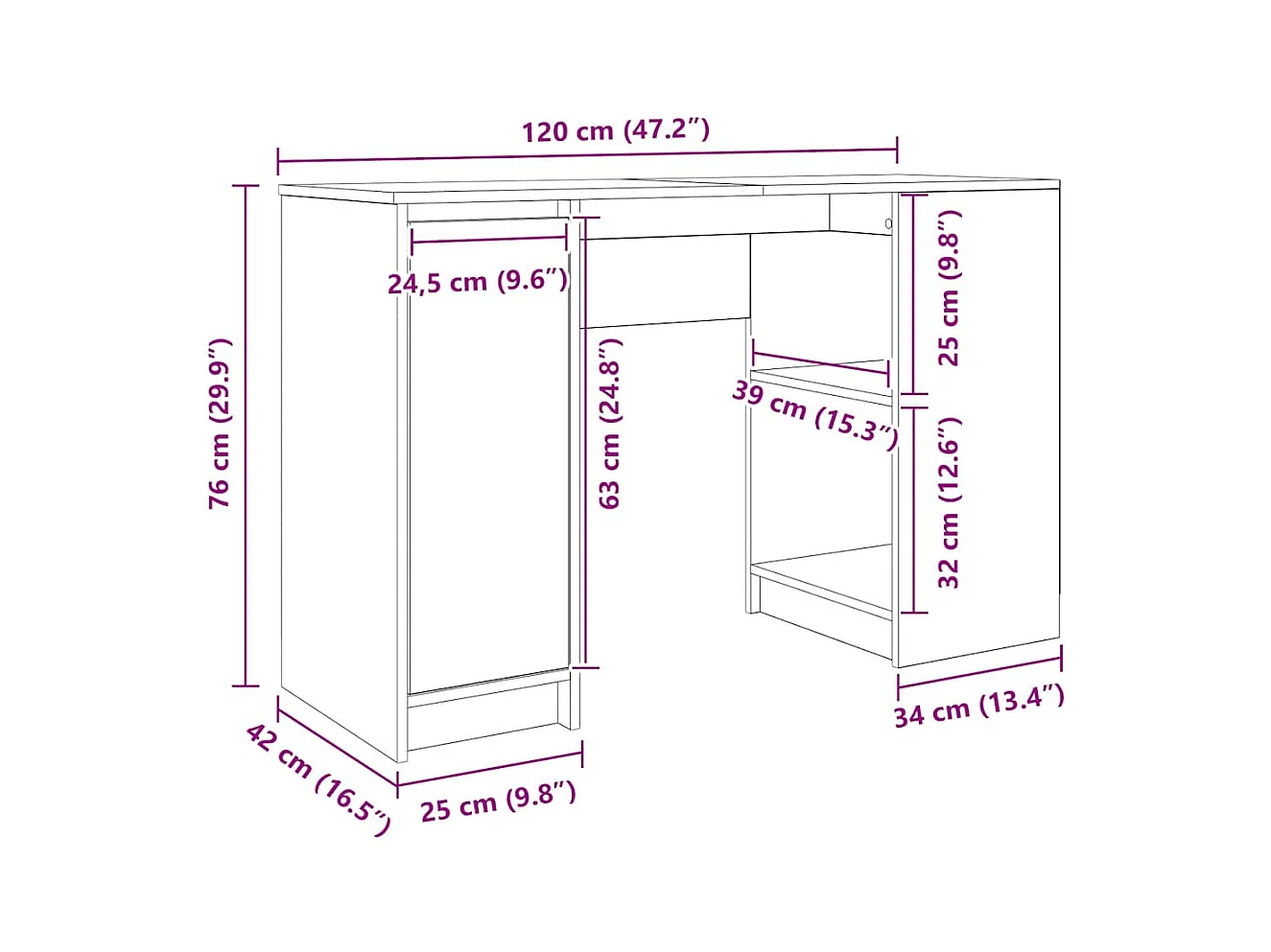 Bureau 120x42x76 cm spaanplaat zwart eikenkleurig