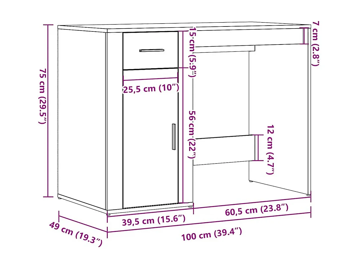 Bureau chêne artisanal 100x49x75 cm bois d'ingénierie