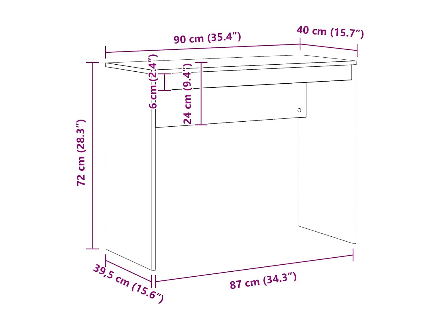 Bureau chêne artisanal 90x40x72 cm bois d'ingénierie