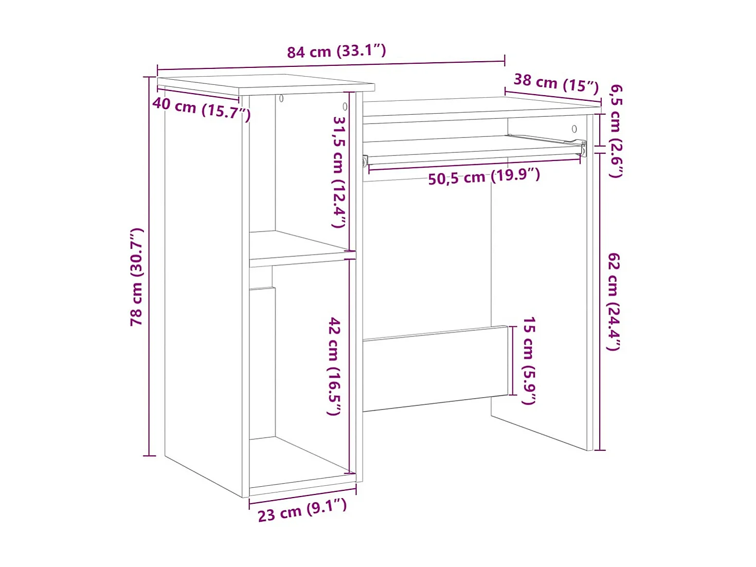 Bureau avec étagères chêne fumé 84x40x78 cm bois d'ingénierie