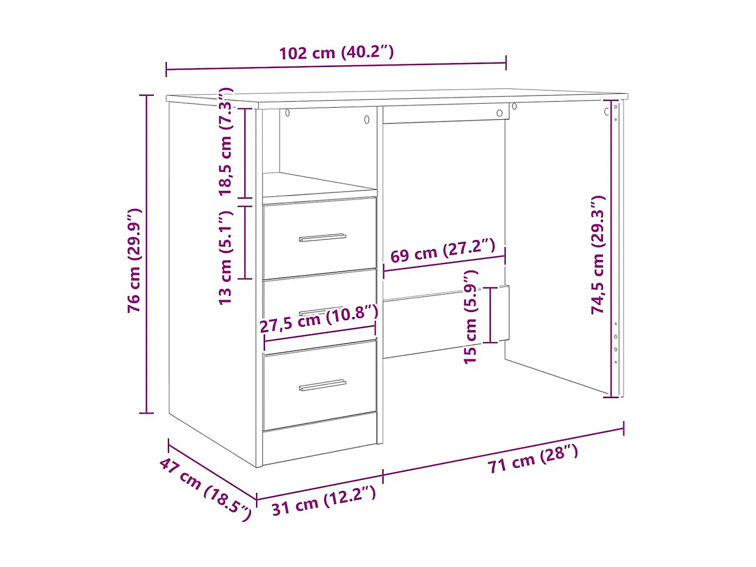 Bureau vieux bois 102x50x76 cm bois d'ingénierie