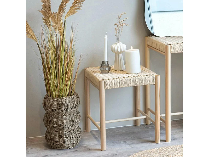 Tabouret bas carré en bois clair et corde tressée TALLINN