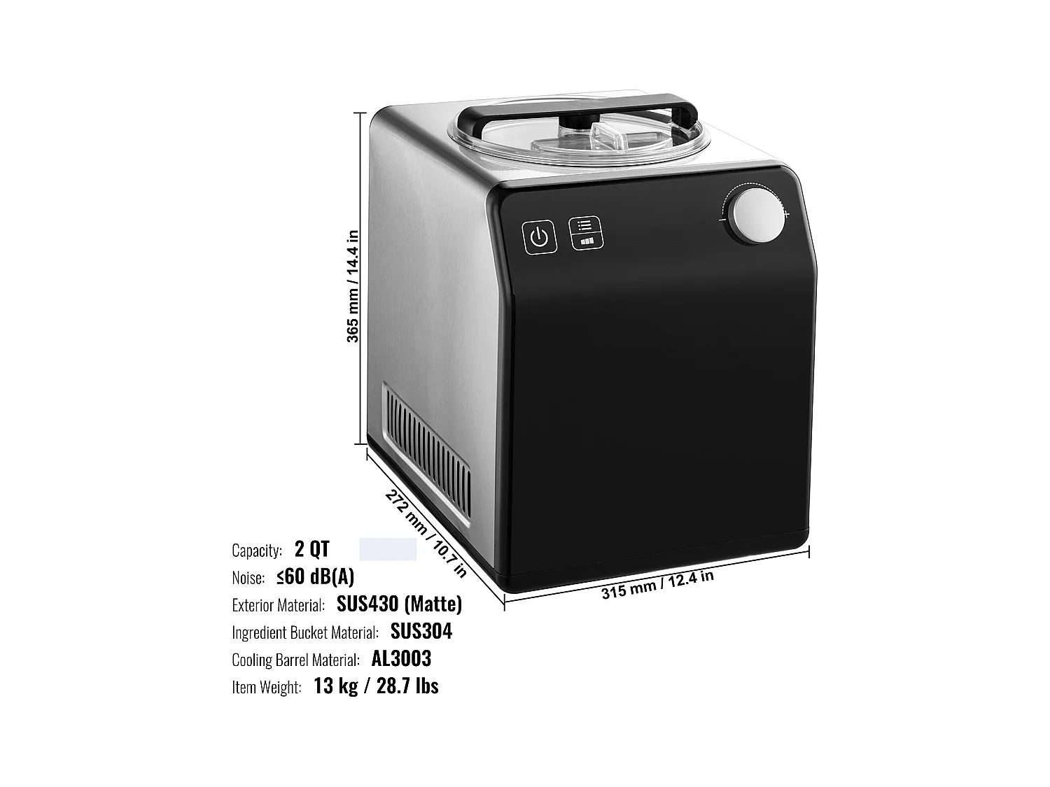 Sorbetière SucceBuy Machine à Crème Glacée Automatique 2L, Machine à Glace Électrique pour Yaourt et Glace, Noir